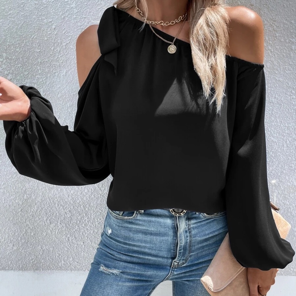 Boho Cold Shoulder Solid Blouse